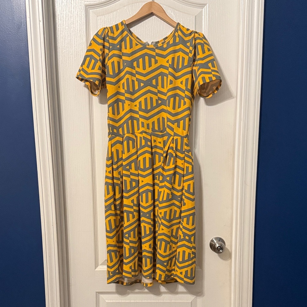 LuLaRoe Geometric Yellow and Gray Midi Dress